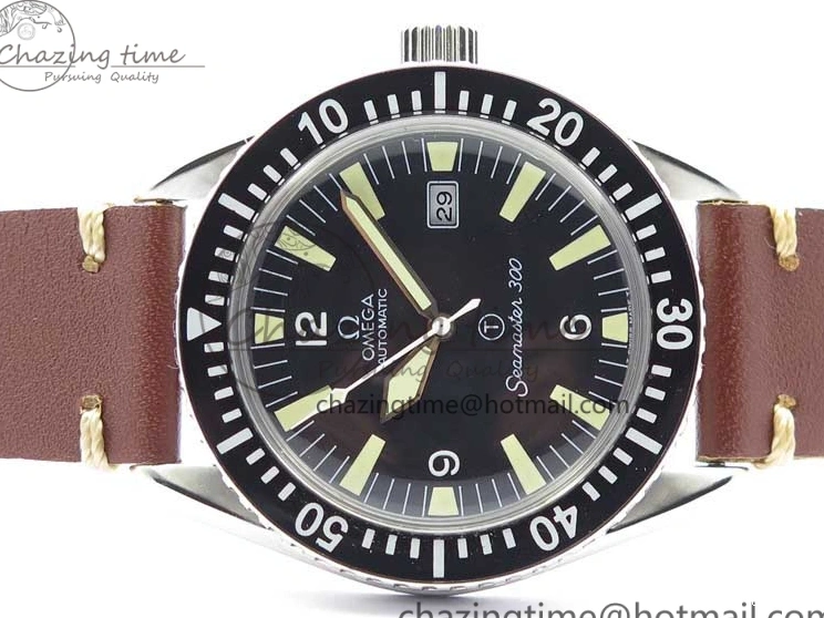 0115 Vintage Seamaster 300 Date T SS B12 Black Dial On Brown Leather Strap A2836 (Free Nylon Strap) WeatherProof 7911